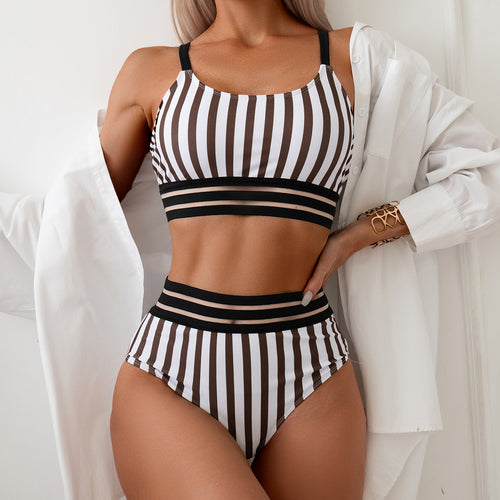 Dame højskåret bikini med fashionable striber Skovae
