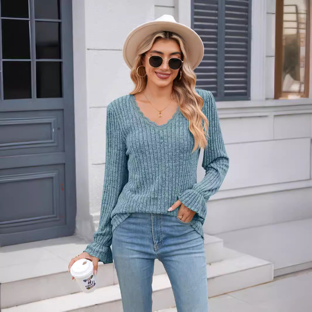 Dame elegant V-hals bluse med fin ribstruktur Stilla
