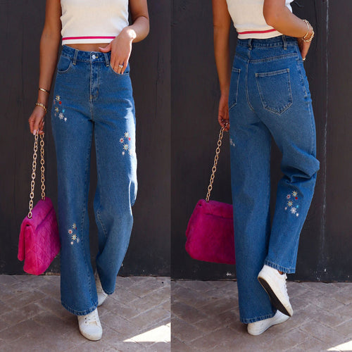 Dame Wide-Leg Jeans med blomstret broderidesign og høj talje Stilla