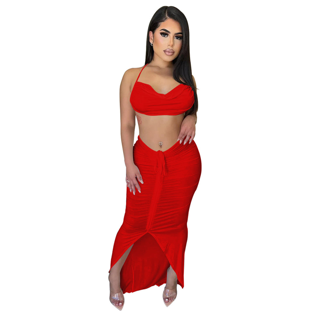 Dame to-delt sæt med crop-top og maxiskirt i den trendy ruffles design Stilla