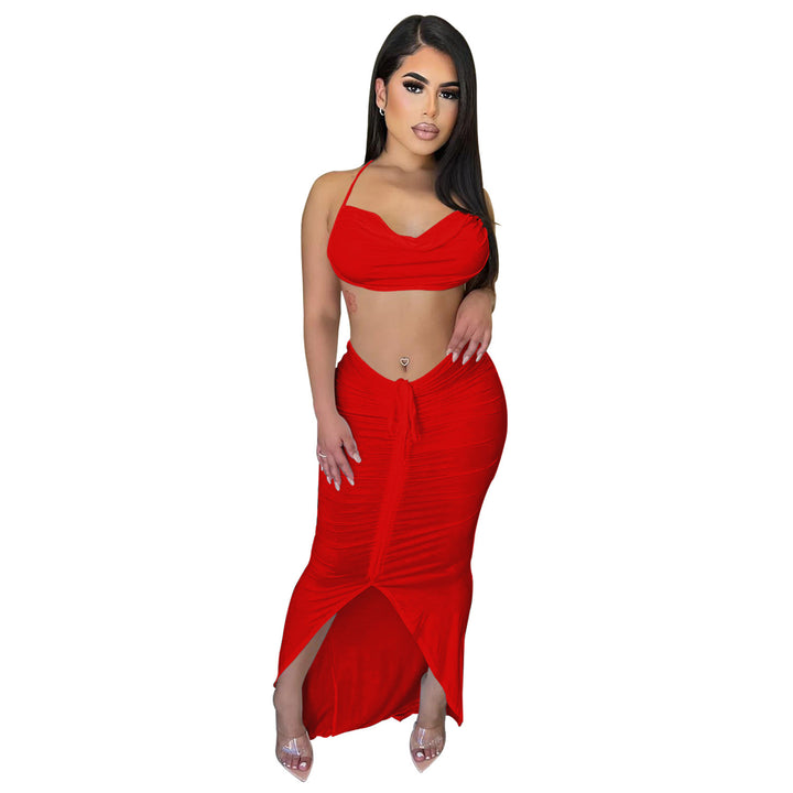 Dame to-delt sæt med crop-top og maxiskirt i den trendy ruffles design Stilla