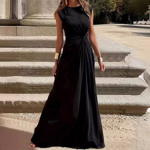 Dame Elegant Maxikjole med raffineret Drapering og Rundhalset Stilla