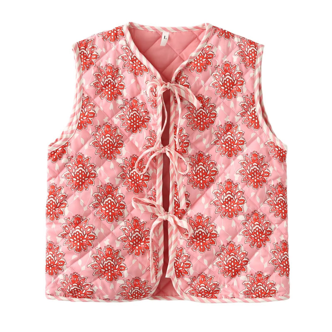 Dame quiltet vest med blomsterdesign og elegante bindebånd Stilla