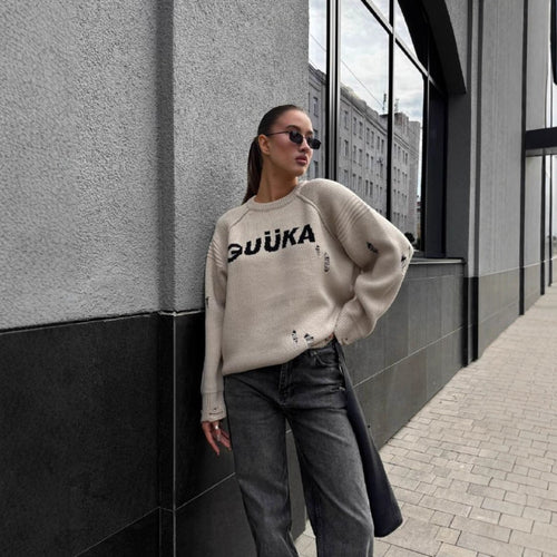 Kvinders Urban Oversized Sweater med Kreativ Skrift og Casual Design Stilla
