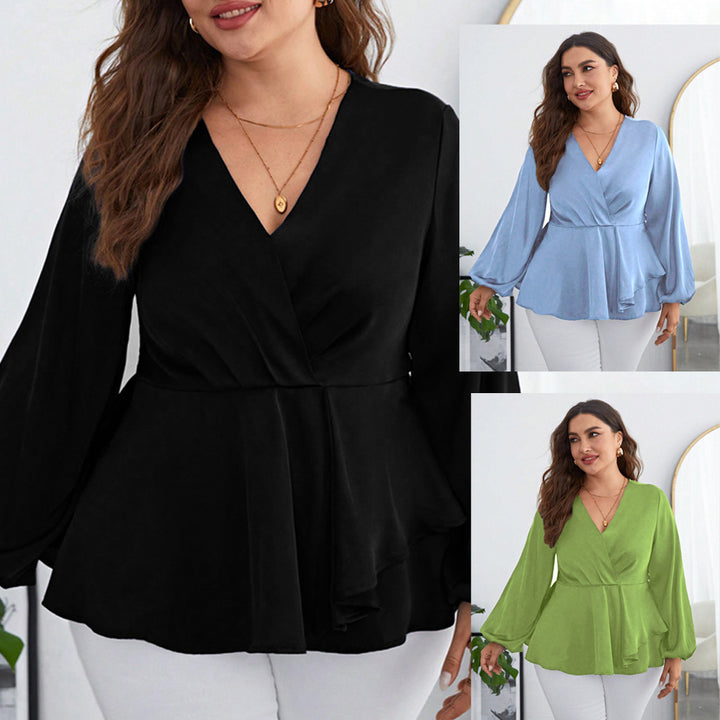 Damer elegant indpakningsbluse med ruffle detaljer og V-halsudskæring Stilla