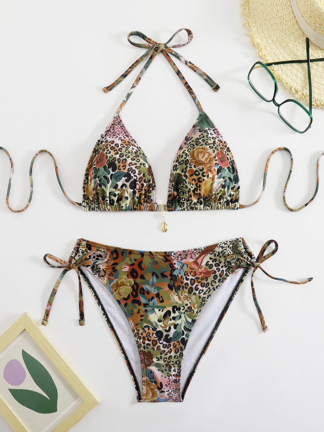 Dame triangel-bikini-sæt med blomsterligt leopardmønster Skovae