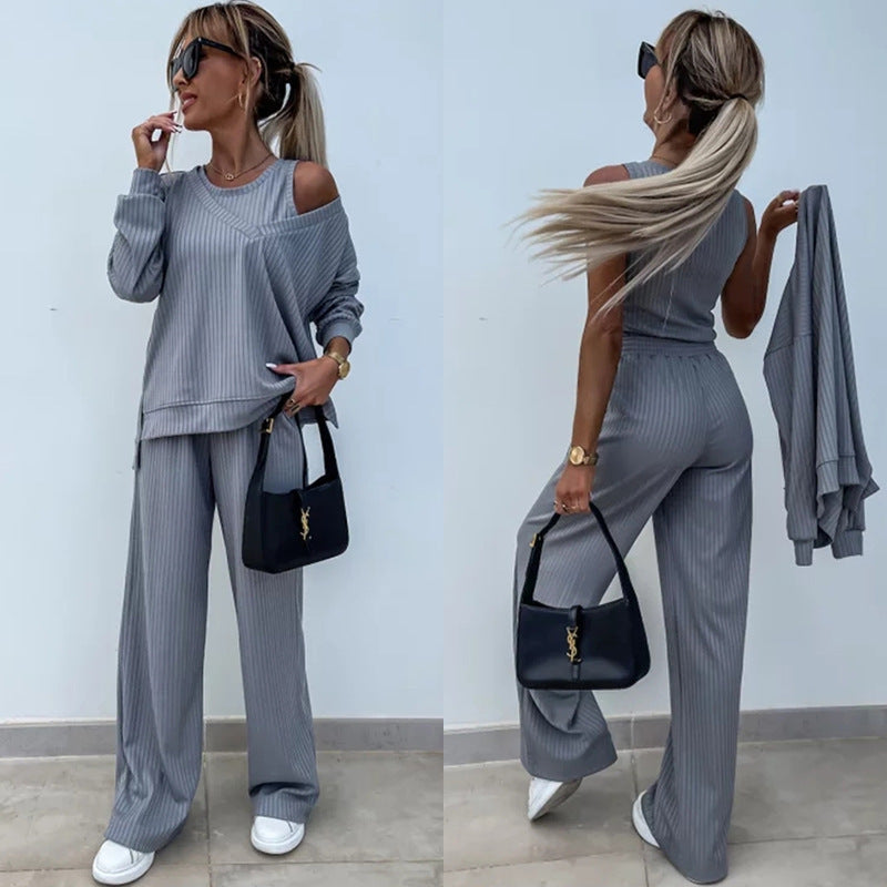 Kvinders afslappede lounge sæt med off-the-shoulder top og brede bukser