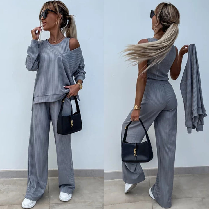 Kvinders afslappede lounge sæt med off-the-shoulder top og brede bukser Skovae
