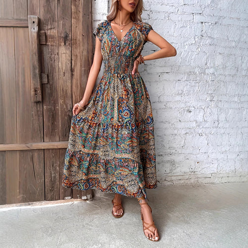 Boho Maxikjole til damer med samlet overdel og korte ærmer Stilla