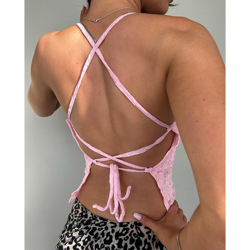Dame spids crop top med justerbare spaghetti stropper og blomster mønster Skovae