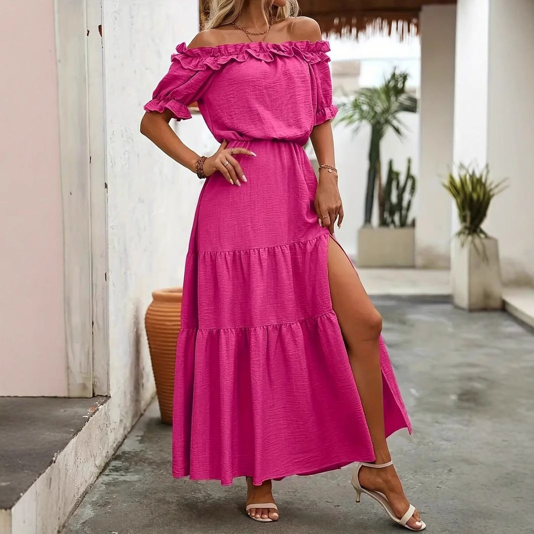 Dame Off-Shoulder Maxikjole med Rynkedetaljer og Feminint Volant Stilla