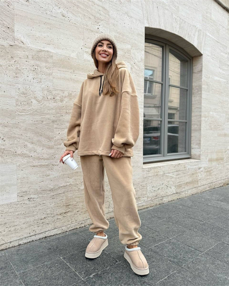 Dame Fleece Cropped Sweat Suit med Høj Krave og Elastisk Talje Skovae