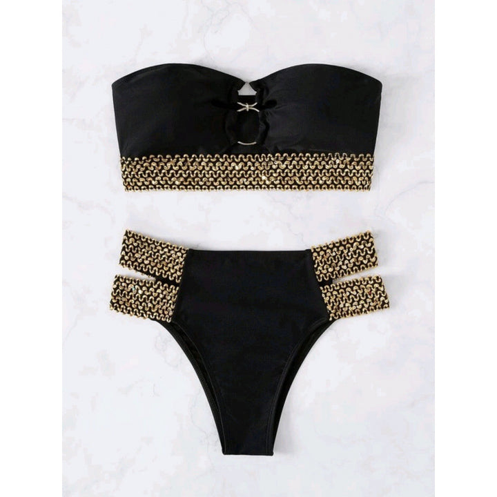 Dame bandeau-bikini med gyldne accenter og høj talje snit Skovae