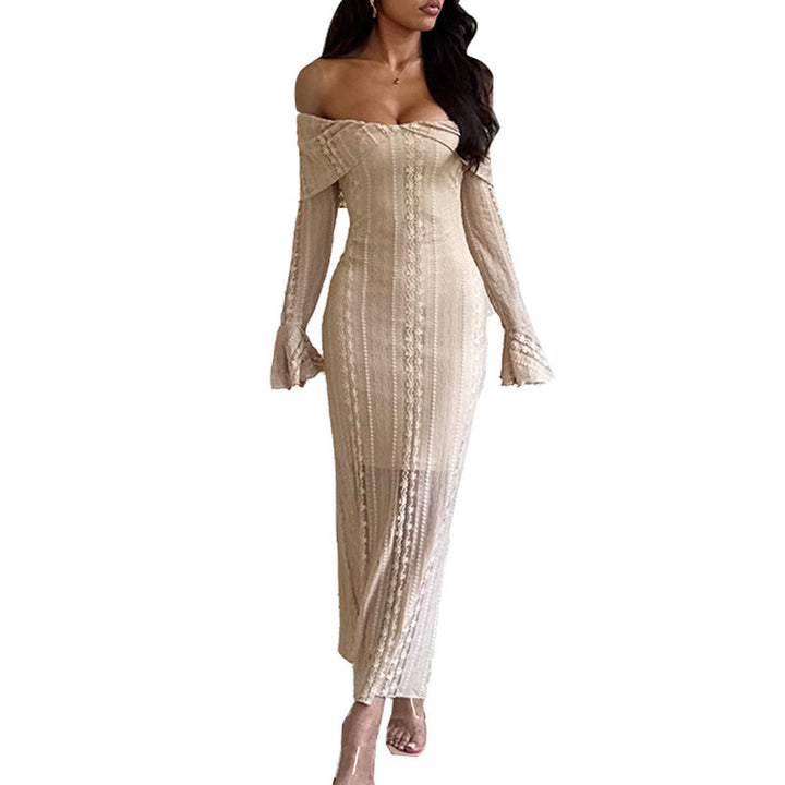 Kvinders elegante langærmet aftenkjole med off-shoulder design og flydende stof Stilla