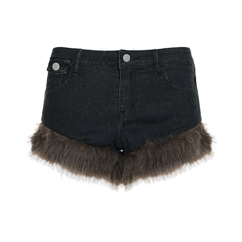 Dame jeans shorts med luksuriøs kunstpels kant Skovae