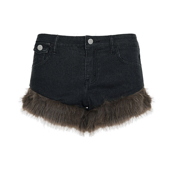 Dame jeans shorts med luksuriøs kunstpels kant Skovae