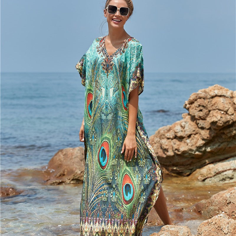 Dame Kaftan med kunstnerisk påfuglemotiv Stilla