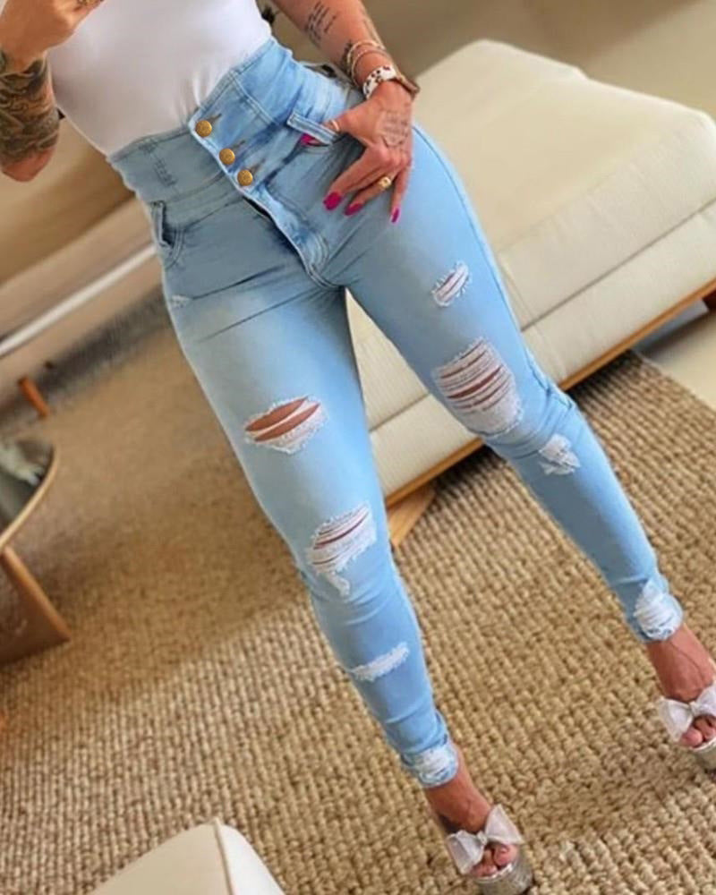 Dame højtaljede skinny jeans med stilfulde ripped-detaljer Stilla