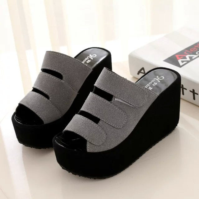 Dame triple justerbare velcro-sandaler med høj plateau-wedge hæl Skovae