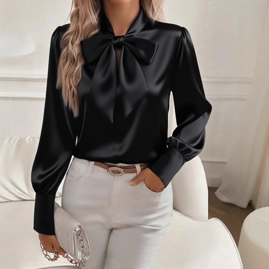 Dame elegant satinbluse med sløjfekrave og pufærmer Skovae