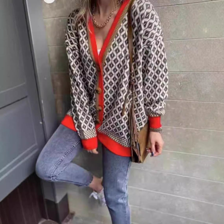 Femme Bohemian Mønstret Button-Up Strik Cardigan Stilla
