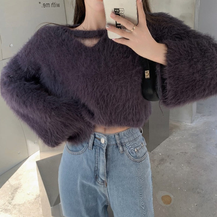Kvinders fluffy cropped sweater med blødt strikket mønster Stilla