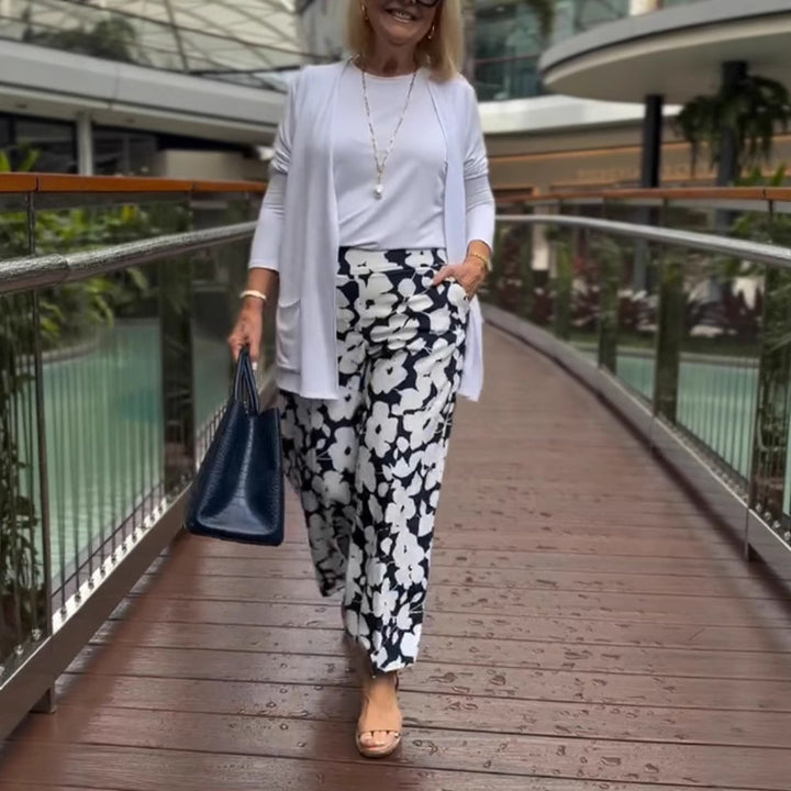 Dame bred culotte-bukser med blomsterprint og elastisk talje Stilla