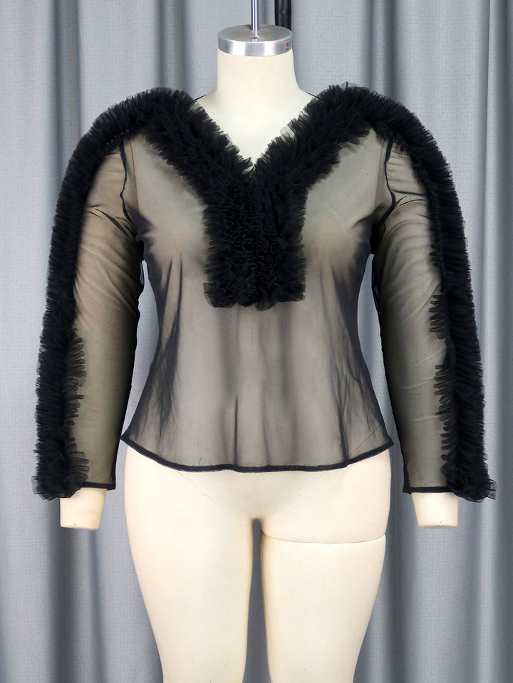 Dame Elegant gennemsigtig bluse med rynkede ærmer Skovae
