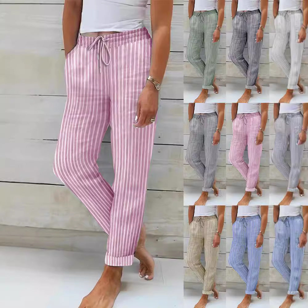Dame fritidshose med trendy stribet mønster og elastisk talje Stilla