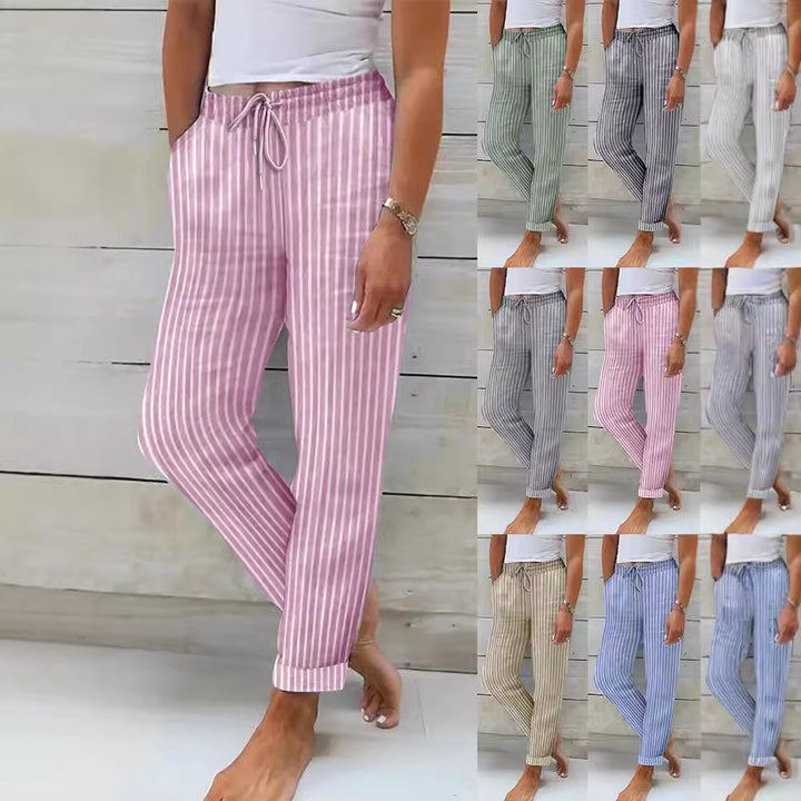 Dame fritidshose med trendy stribet mønster og elastisk talje Stilla
