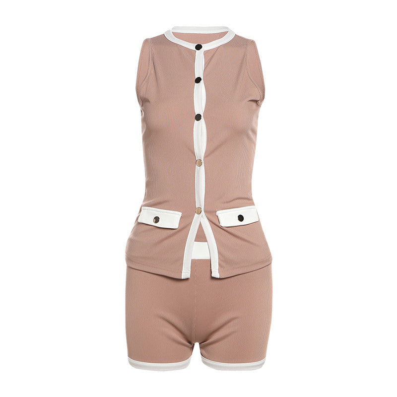 Dame Sporty Outfit med leopardmønster og knapdetaljering Skovae