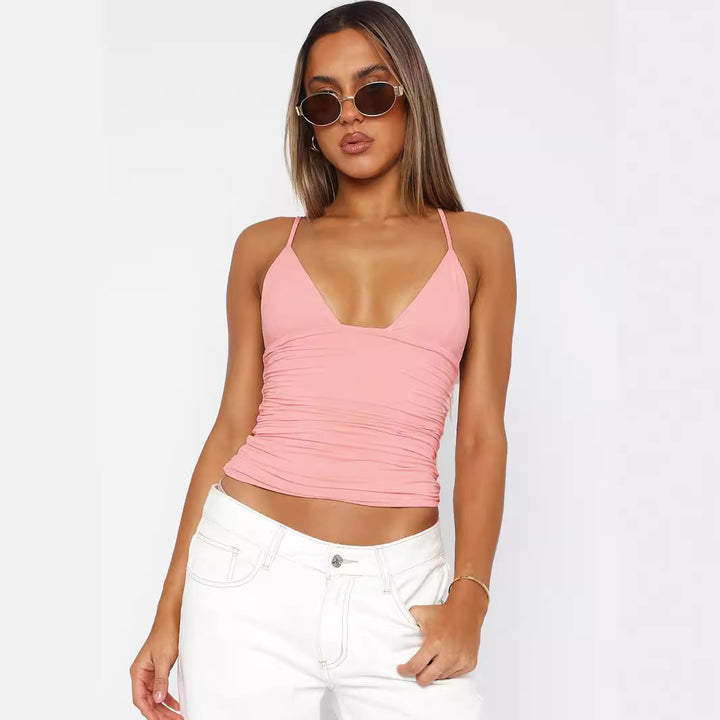 Dame figurtilpasset bodice-top med V-hals og fin indsnøring Skovae