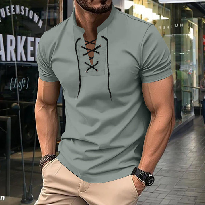 Herre kortærmet Henley-shirt med moderne snøringdesign Stilla