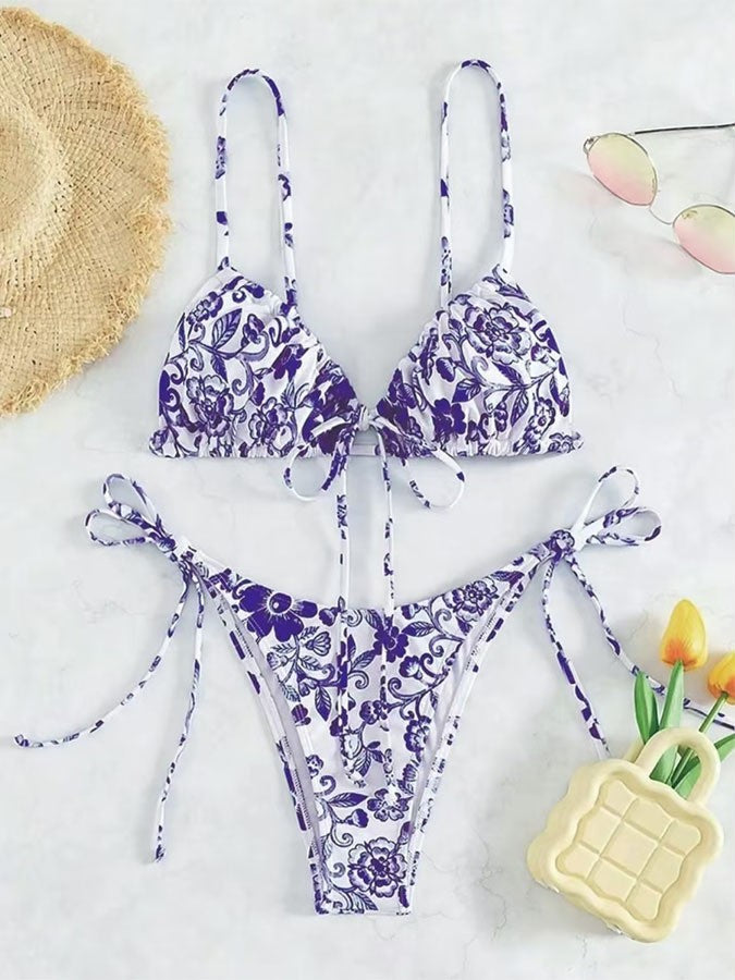 Kvinder Blomster Mønster Trekant Bikini Sæt Stilla 1750838590