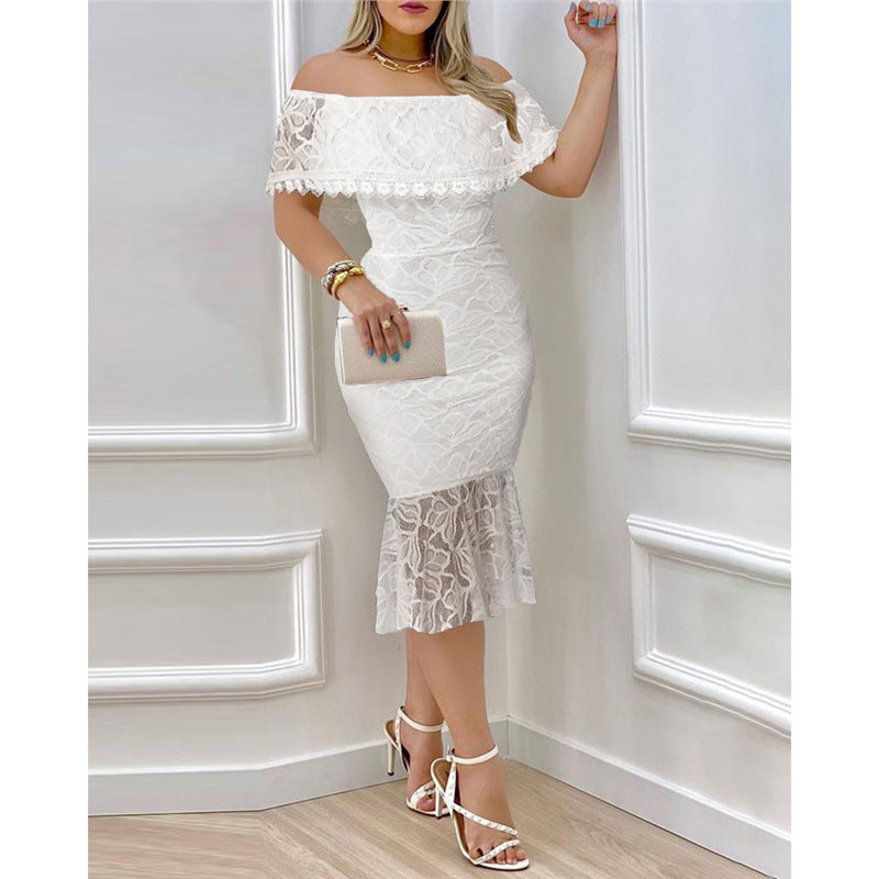 Damen Off-Shoulder Spitzenkleid mit voluminösem Saum Skovae