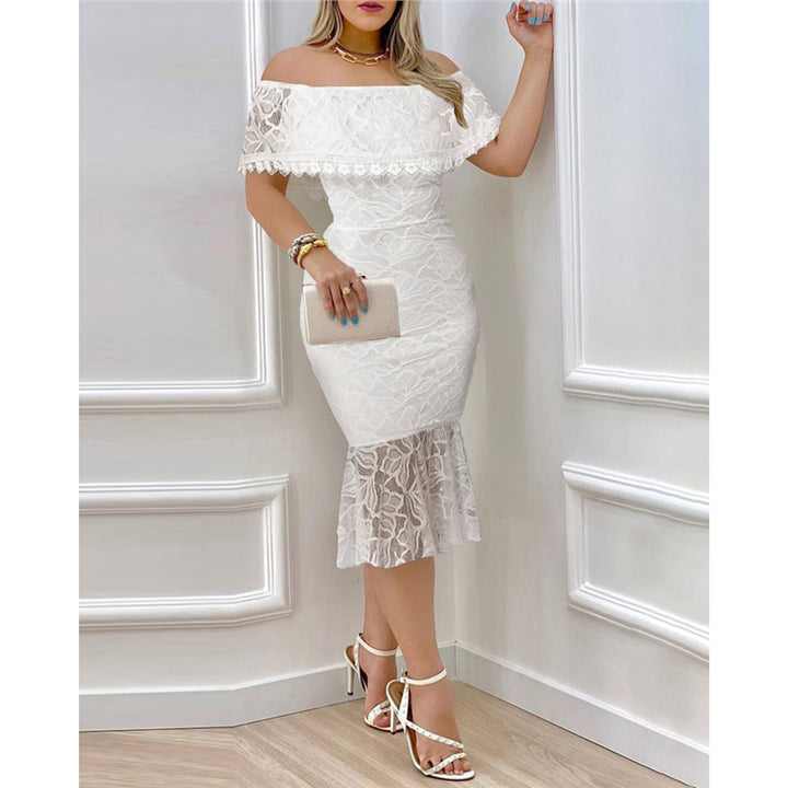 Damen Off-Shoulder Spitzenkleid mit voluminösem Saum Skovae