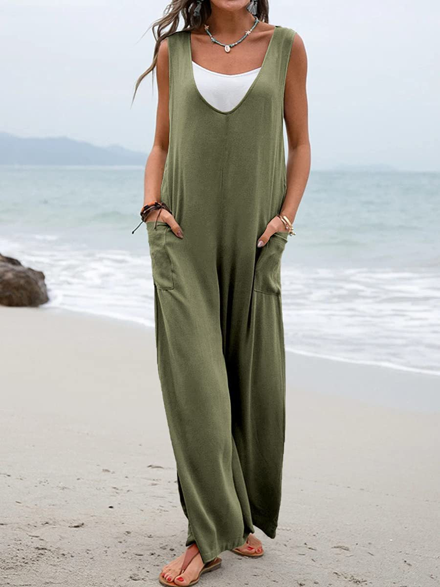 Dame Løsskårne Sommer-Jumpsuit med dyb udskæring og praktiske sidelommer Stilla