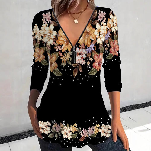 Damebluse med blomsterprint og lynlås Stilla