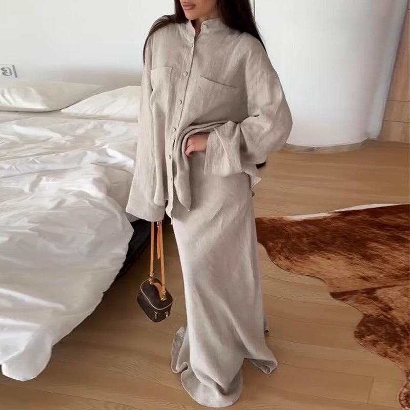 Dame linned sæt med oversized skjorte og flydende nederdel Stilla