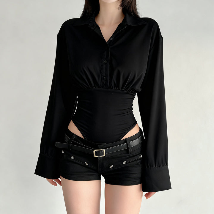 Dame elegant bodysuit med fin krave og knapdetaljer Skovae