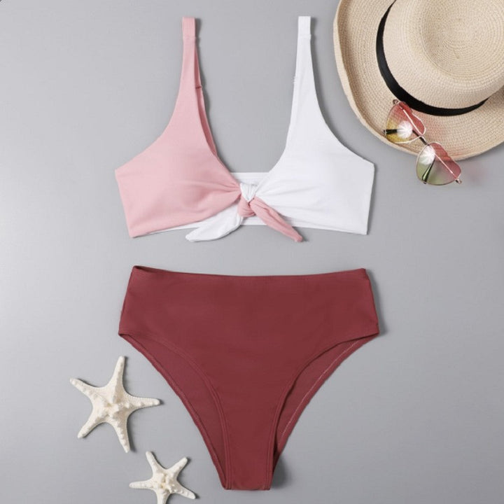Dame bikini sæt med moderne knude design og højt skåret trusse Skovae