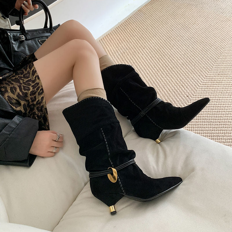 Femme Spidse Tæer Slouch Stiletto Støvler med Metalaccent Stilla