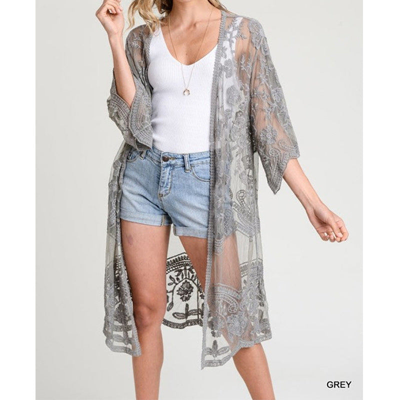 Dame luftig Crochet-Kimono med blomsterdetaljer Stilla