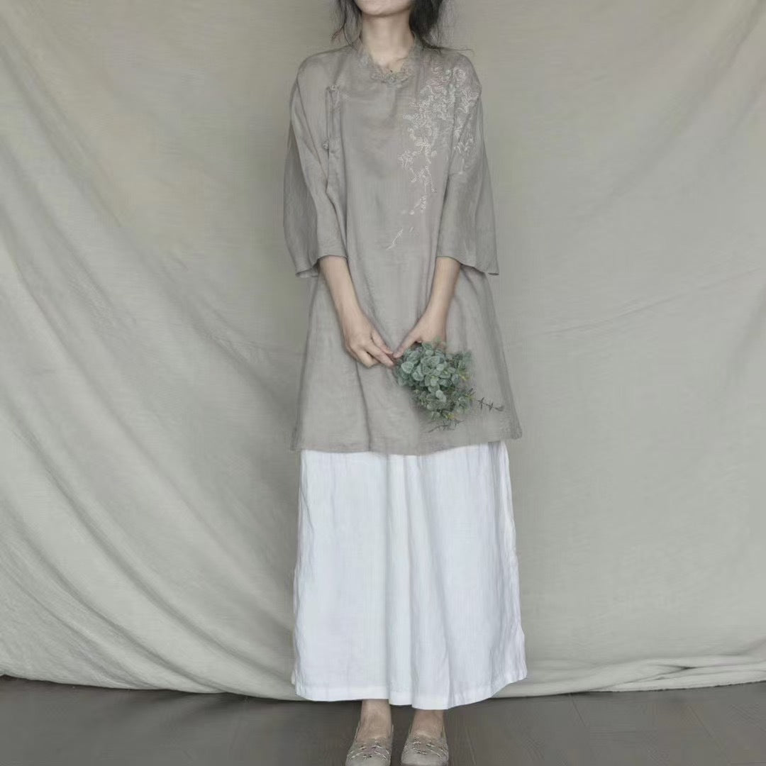 Dame Floral Broderet Lang Tunika Top Stilla