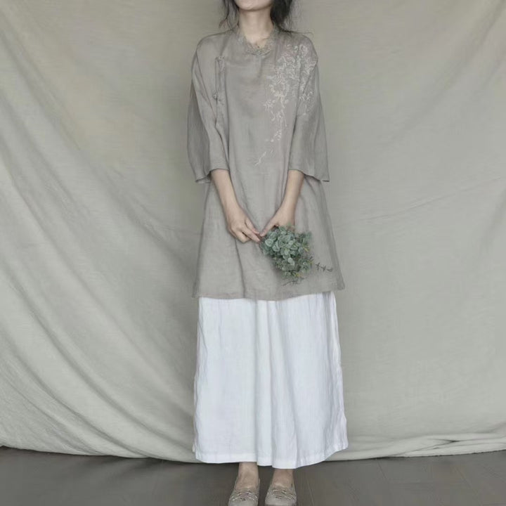 Dame Floral Broderet Lang Tunika Top Stilla