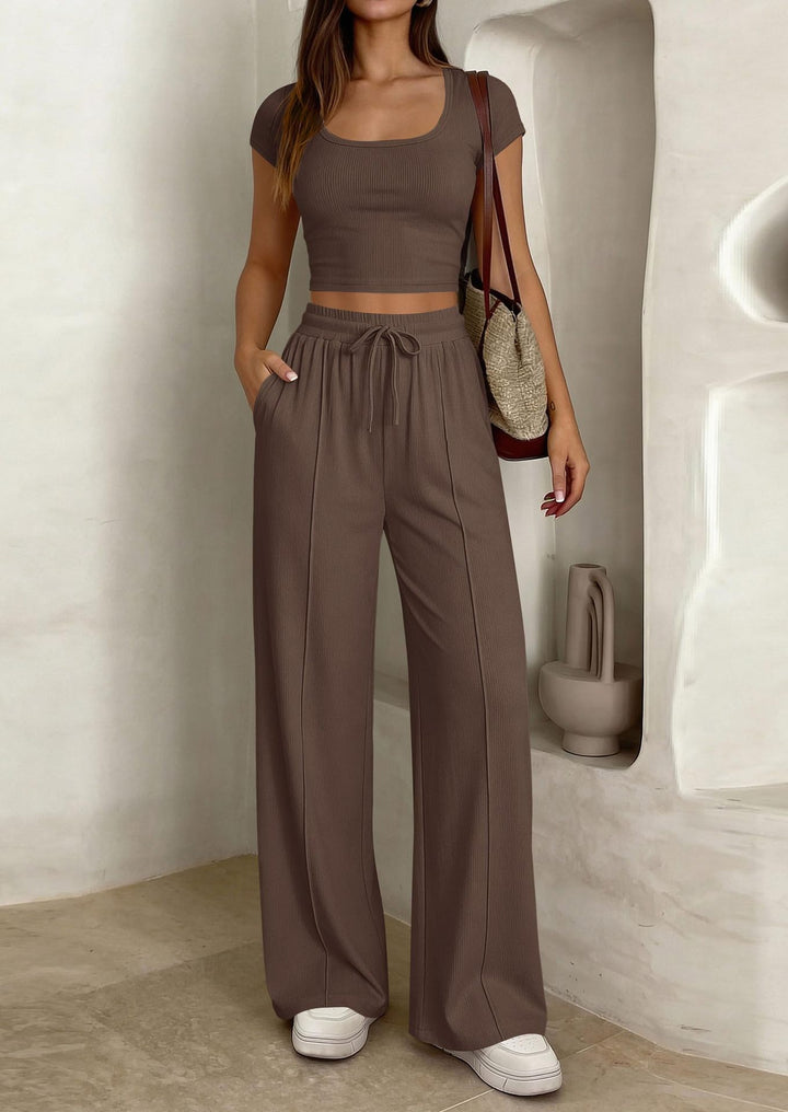 Dame afslappet cropped top og bredt bukse sæt Skovae