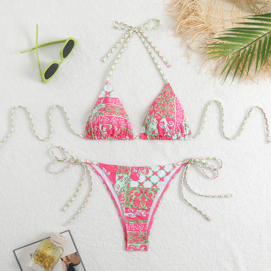 Dame Triangel-Bikini-Sæt med legesygt blomsterprint og fine bindebånd Skovae