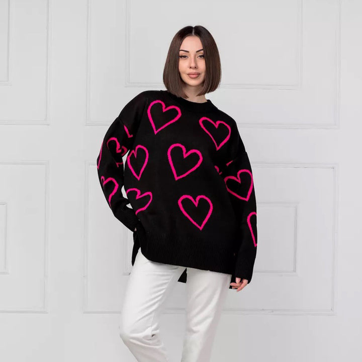 Dame Oversized Hjerte mønster Strikpullover Stilla