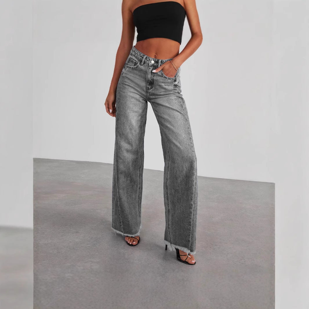 Damer brede High-Waist jeans med frynset afslutning Stilla