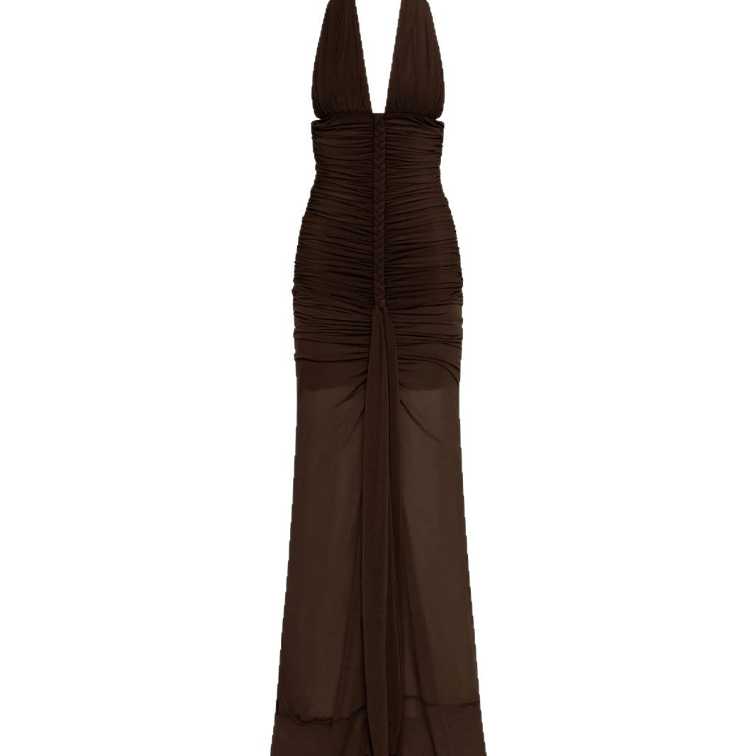 Dame elegant strapless aftenkjole med raffineret drapering og dyb udskæring Skovae